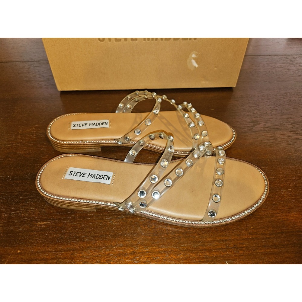 STEVE MADDEN Women Beige Slide Clear Diamond Strap Sandal Size 7.5 New in box - Picture 6 of 10
